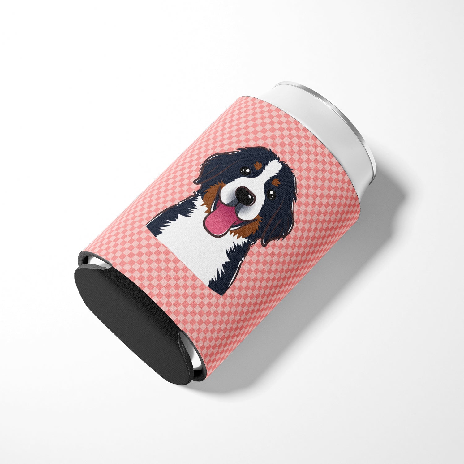 Checkerboard Pink Bernese Mountain Dog Can or Bottle Hugger BB1237CC.