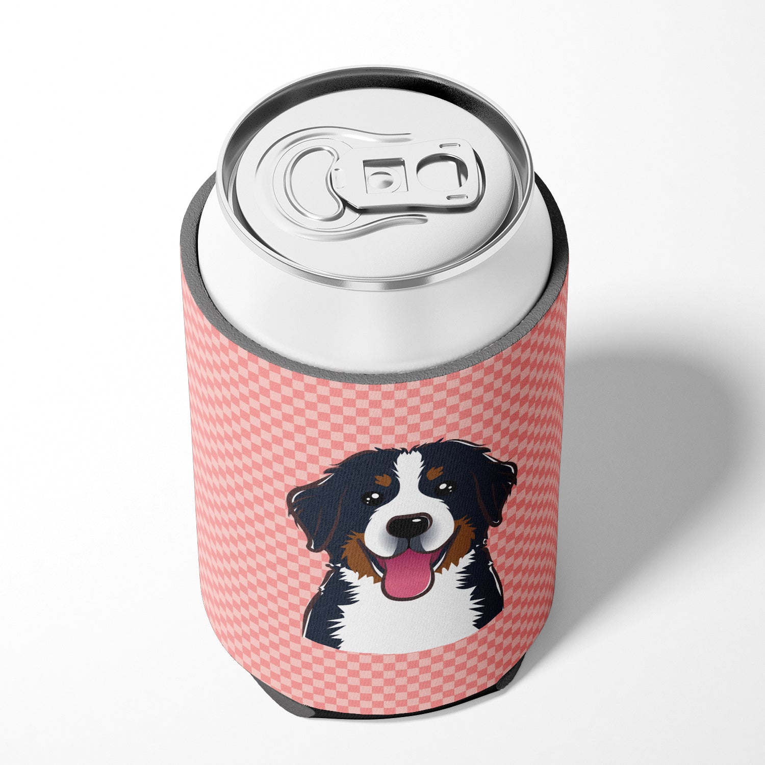 Checkerboard Pink Bernese Mountain Dog Can or Bottle Hugger BB1237CC.