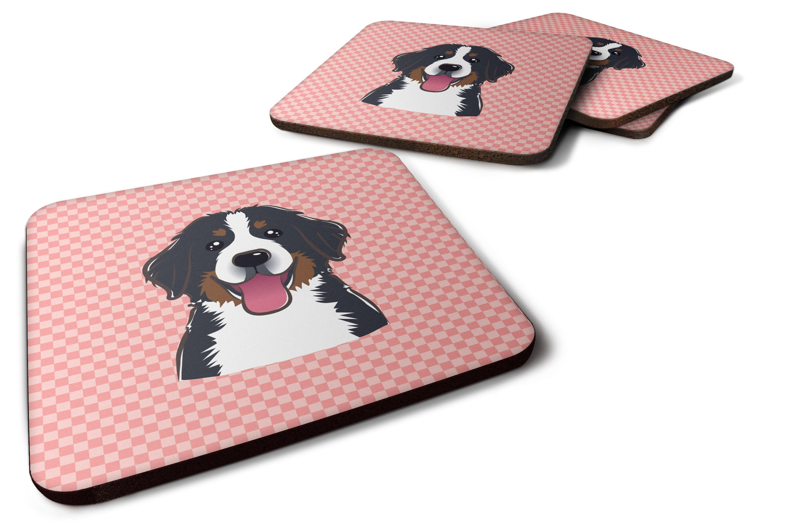 Set of 4 Checkerboard Pink Bernese Mountain Dog Foam Coasters BB1237FC - the-store.com