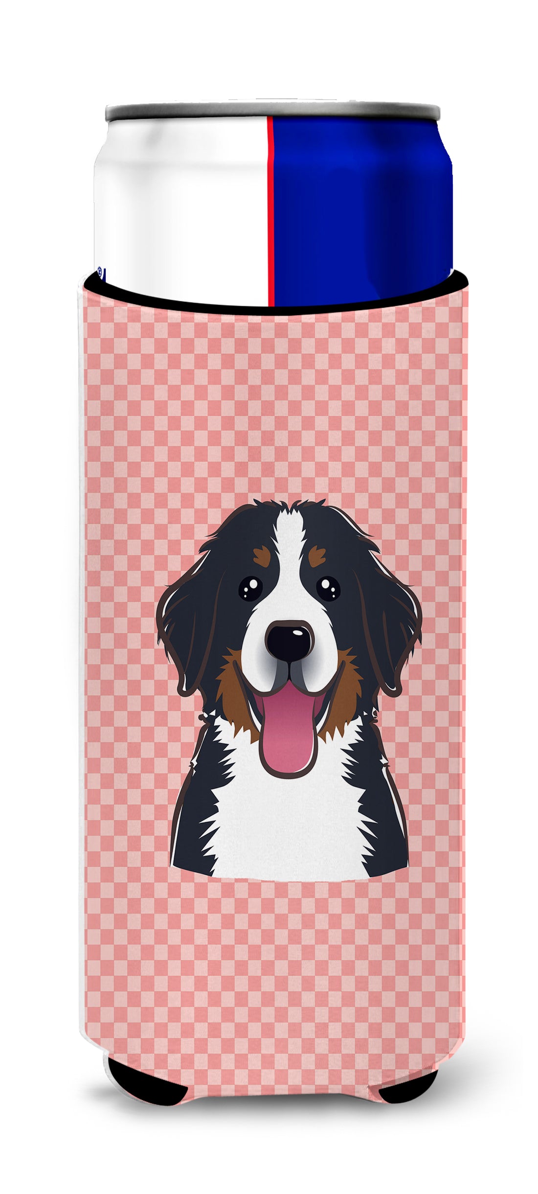 Checkerboard Pink Bernese Mountain Dog Ultra Beverage Insulators for slim cans