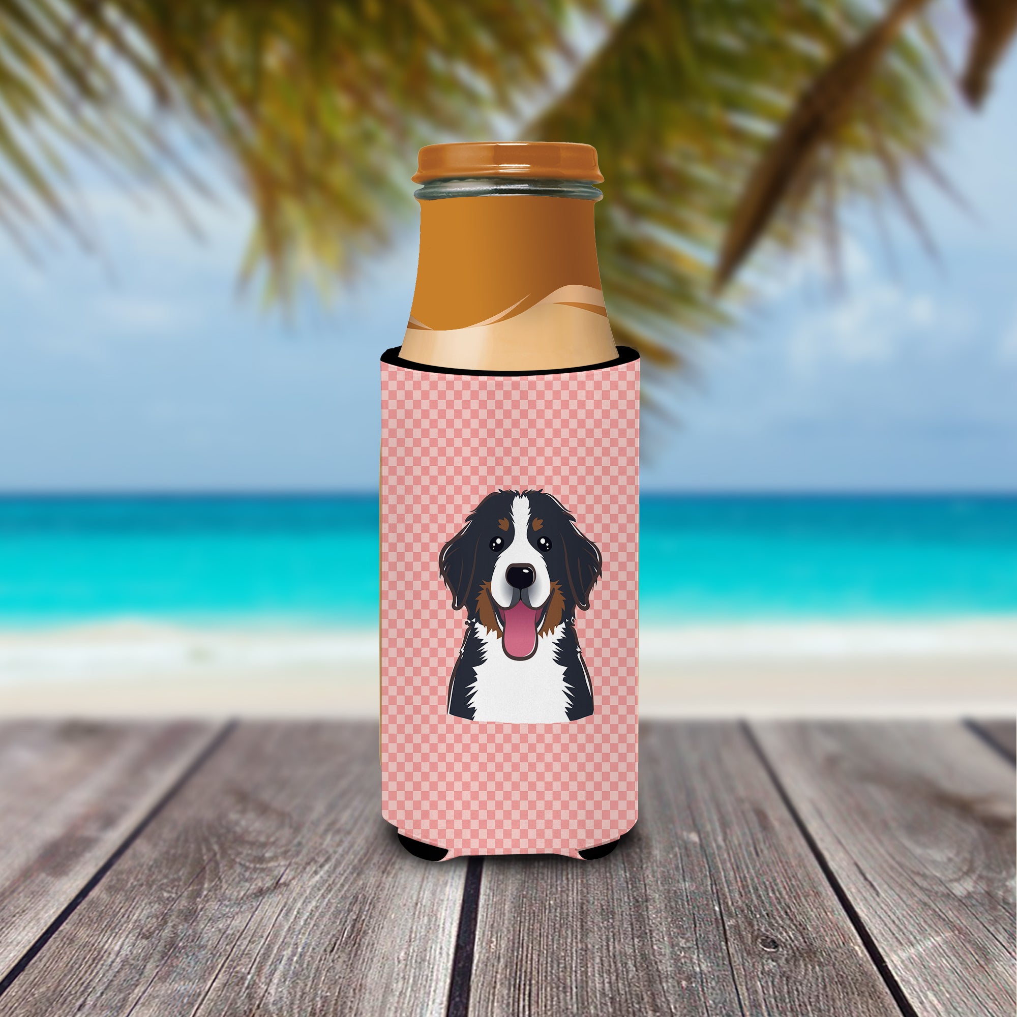 Checkerboard Pink Bernese Mountain Dog Ultra Beverage Insulators for slim cans.