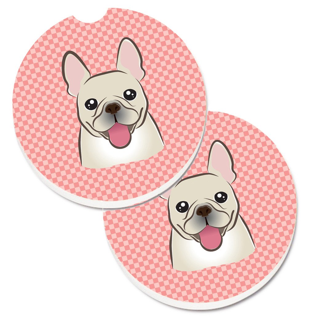 Checkerboard Pink French Bulldog Set of 2 Cup Holder Car Coasters BB1238CARC by Caroline&#39;s Treasures