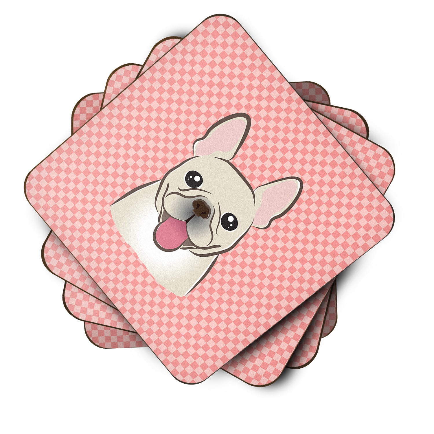 Set of 4 Checkerboard Pink French Bulldog Foam Coasters BB1238FC - the-store.com