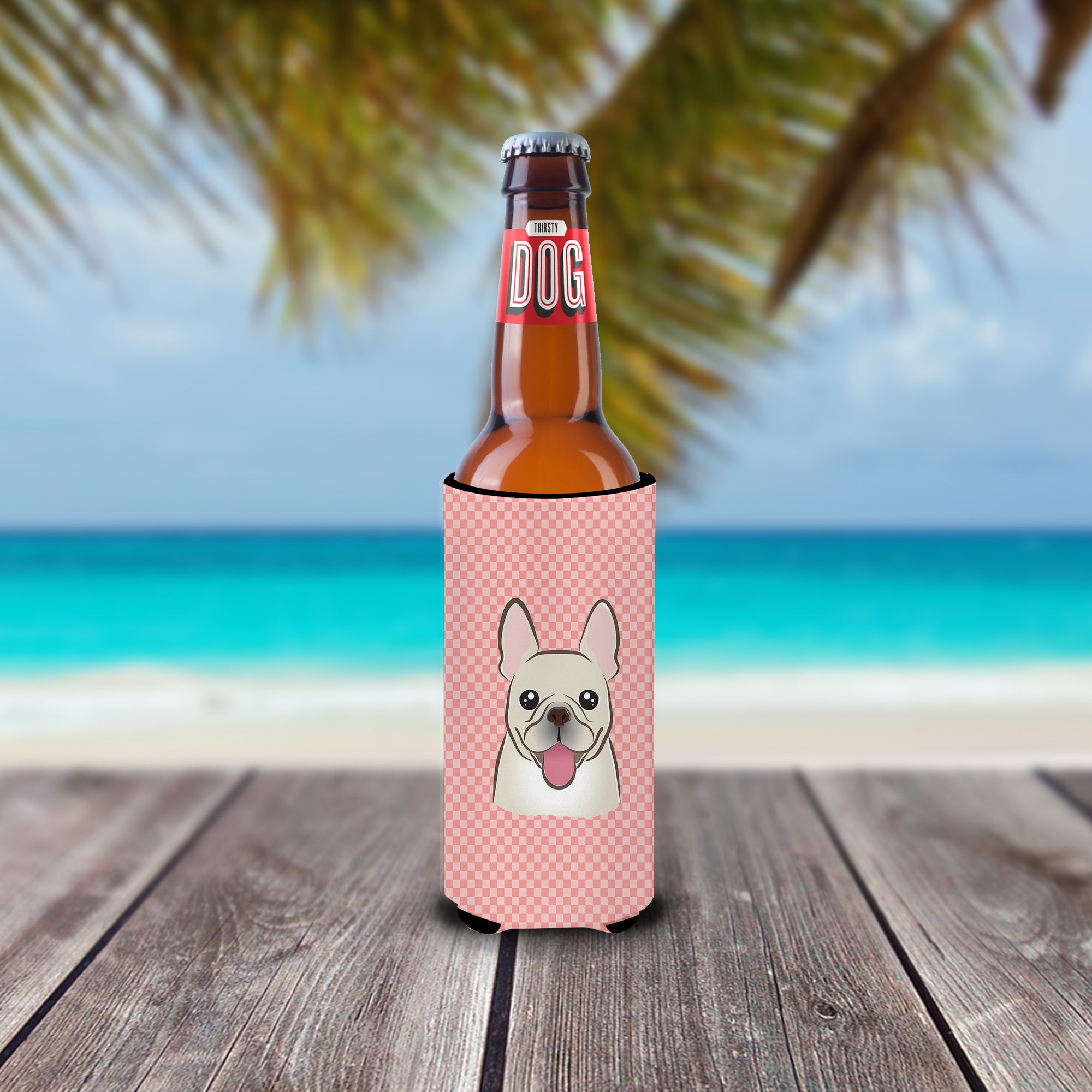 Checkerboard Pink French Bulldog Ultra Beverage Insulators for slim cans BB1238MUK.