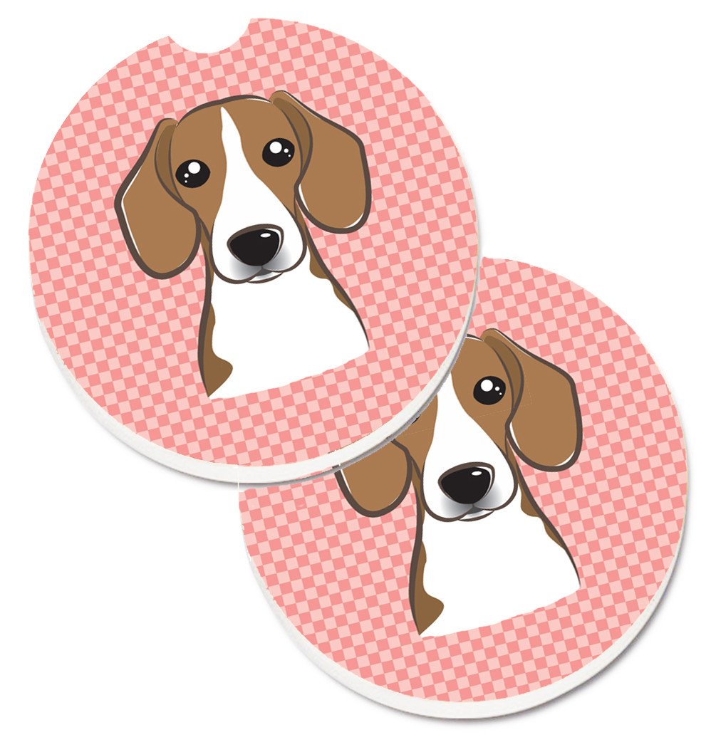 Checkerboard Pink Beagle Set of 2 Cup Holder Car Coasters BB1239CARC by Caroline&#39;s Treasures