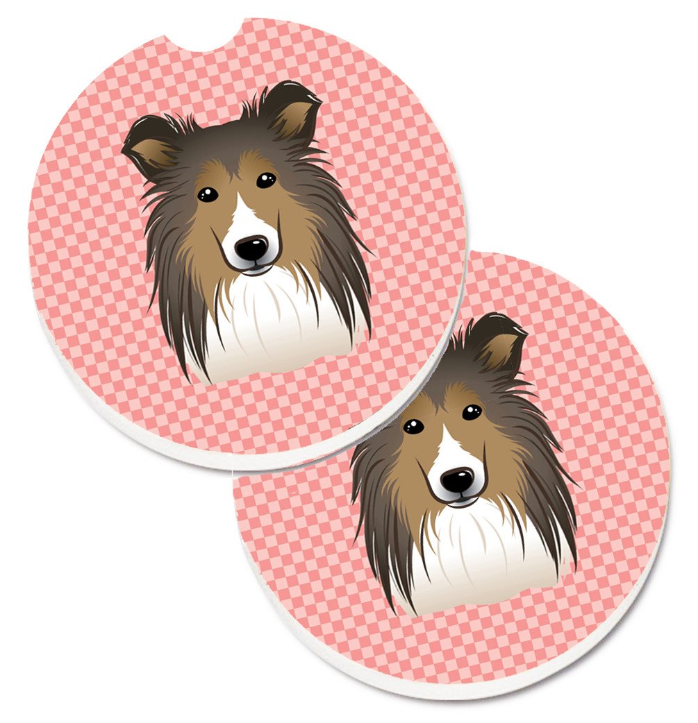 Checkerboard Pink Sheltie Set of 2 Cup Holder Car Coasters BB1242CARC by Caroline&#39;s Treasures