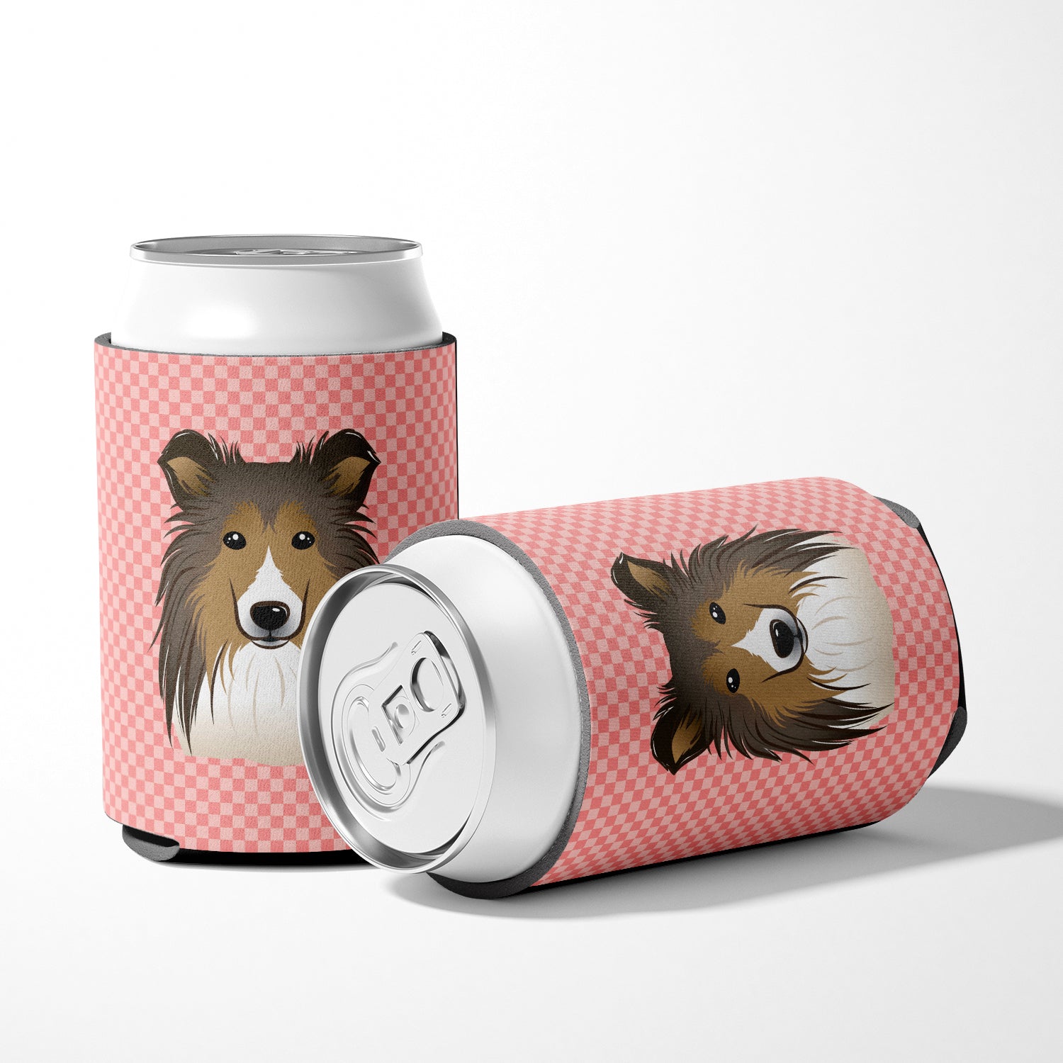 Checkerboard Pink Sheltie Can or Bottle Hugger BB1242CC.