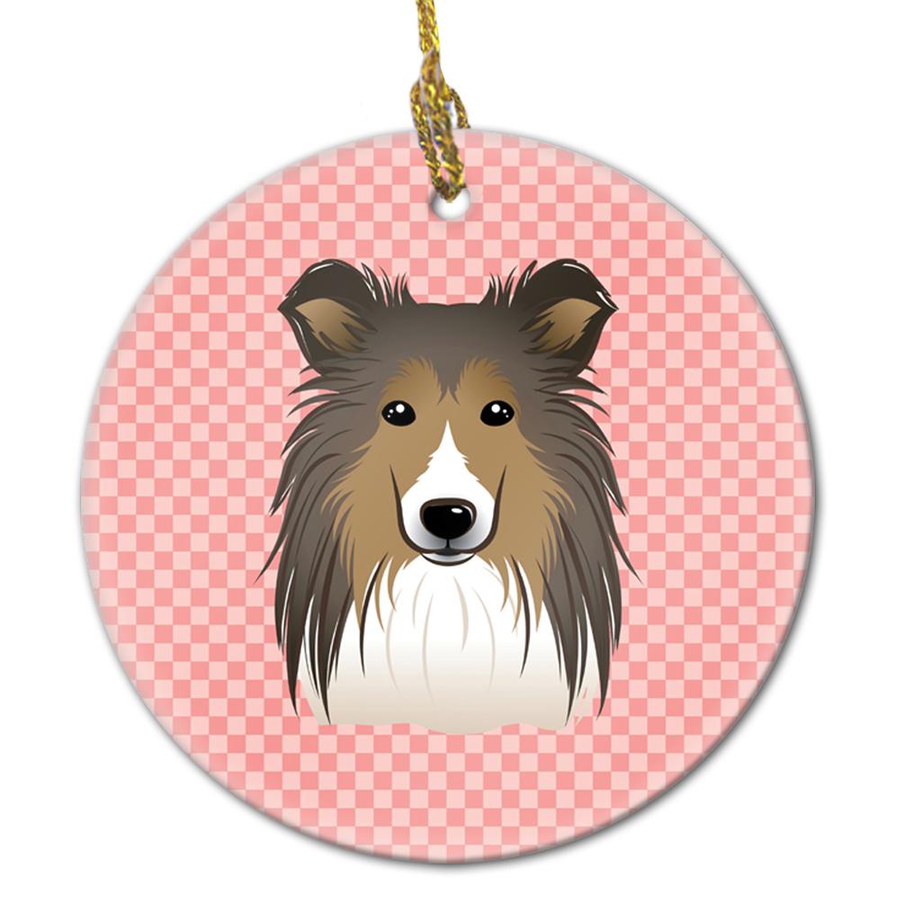 Caroline's Treasures Checkerboard Pink Sheltie Ceramic Ornament BB1242CO1