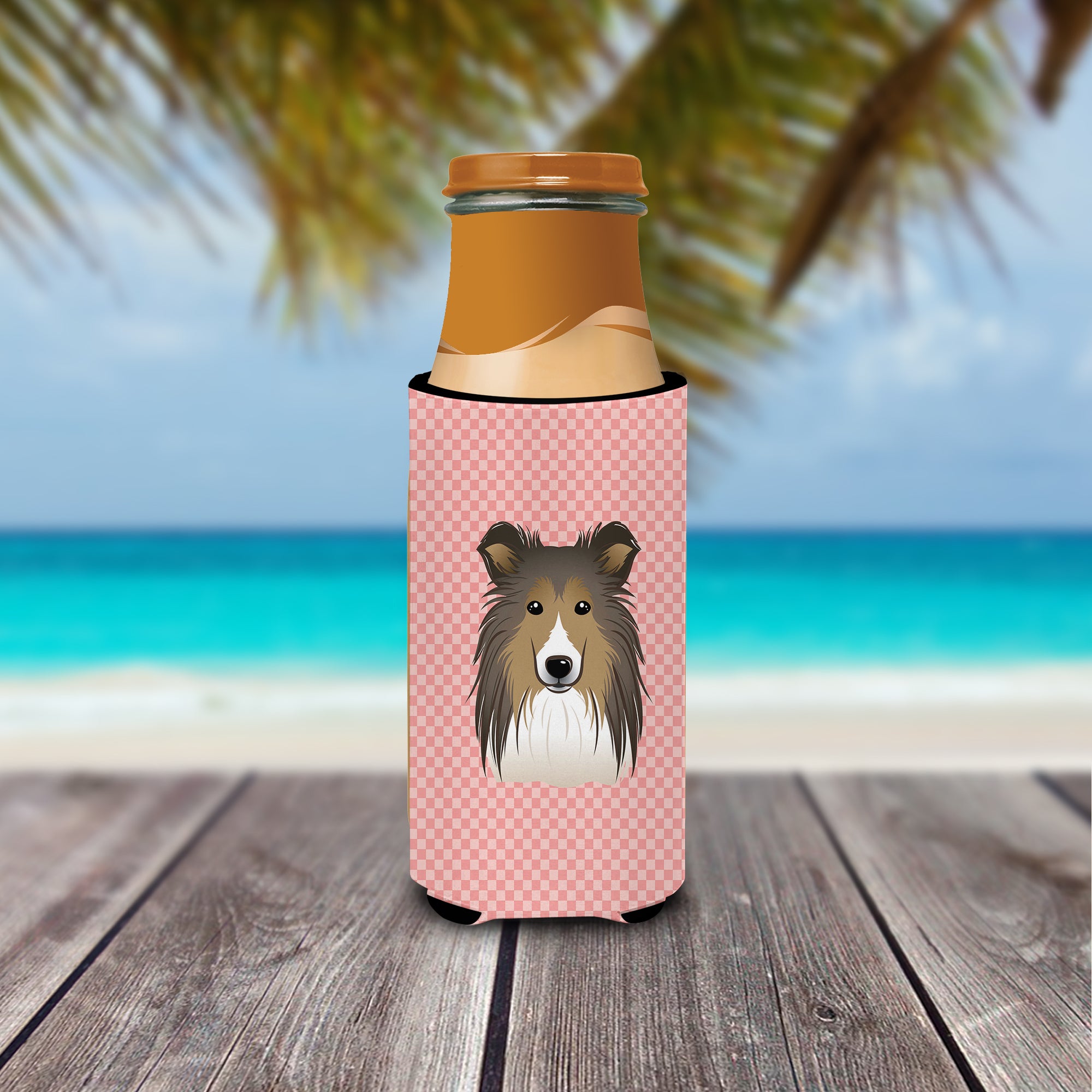 Checkerboard Pink Sheltie Ultra Beverage Insulators for slim cans BB1242MUK.