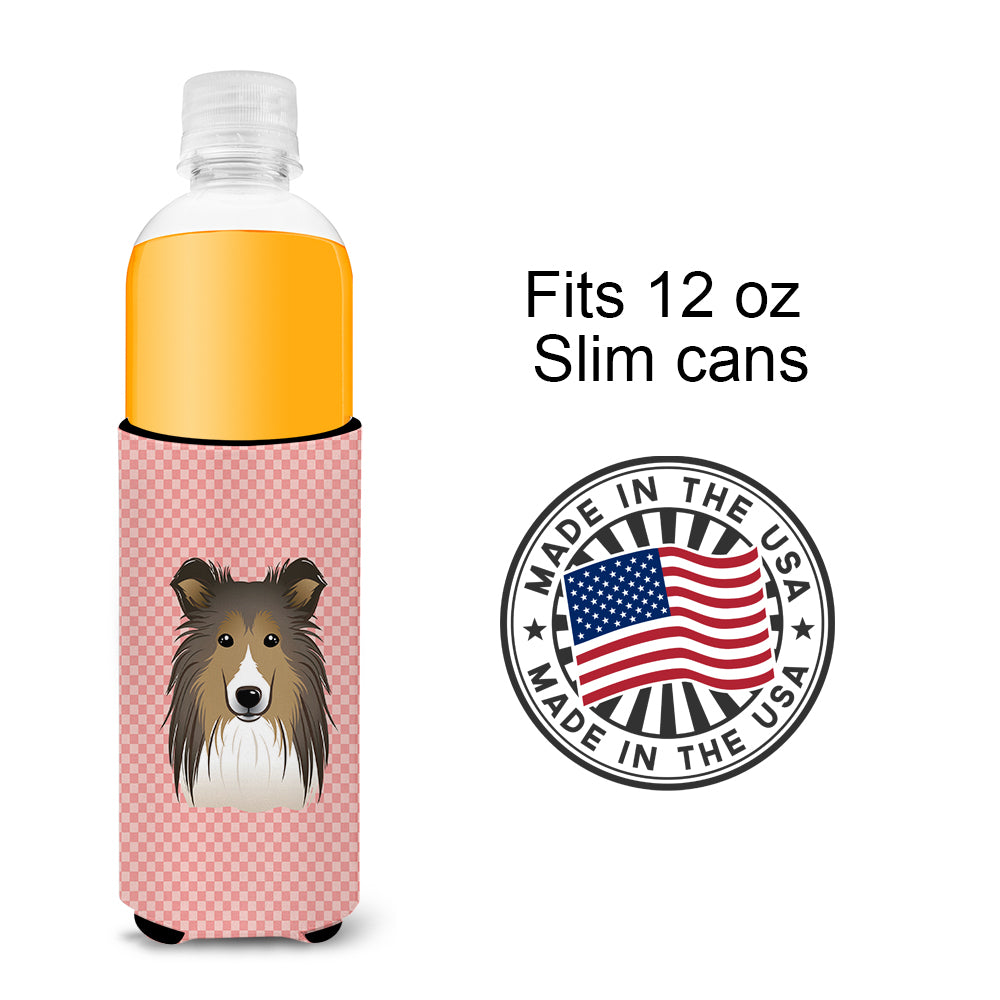 Checkerboard Pink Sheltie Ultra Beverage Insulators for slim cans BB1242MUK