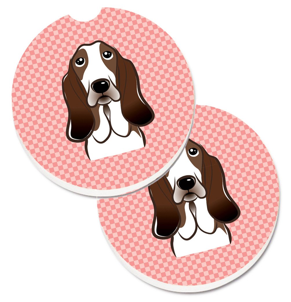 Checkerboard Pink Basset Hound Set of 2 Cup Holder Car Coasters BB1243CARC by Caroline's Treasures