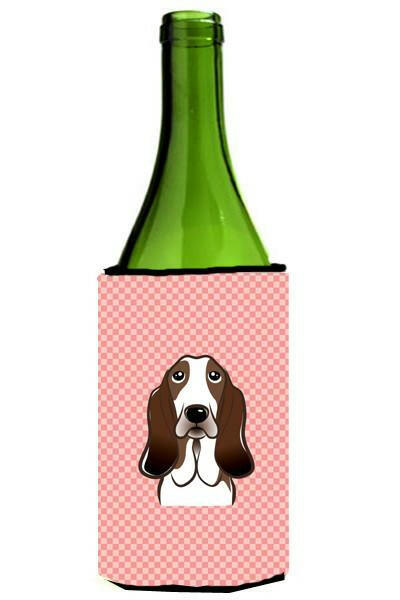 Checkerboard Pink Basset Hound Wine Bottle Beverage Insulator Hugger BB1243LITERK by Caroline&#39;s Treasures