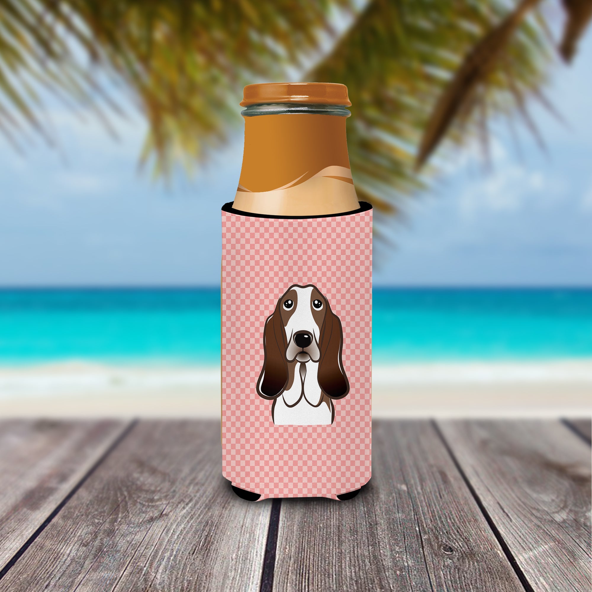 Checkerboard Pink Basset Hound Ultra Beverage Insulators for slim cans BB1243MUK.