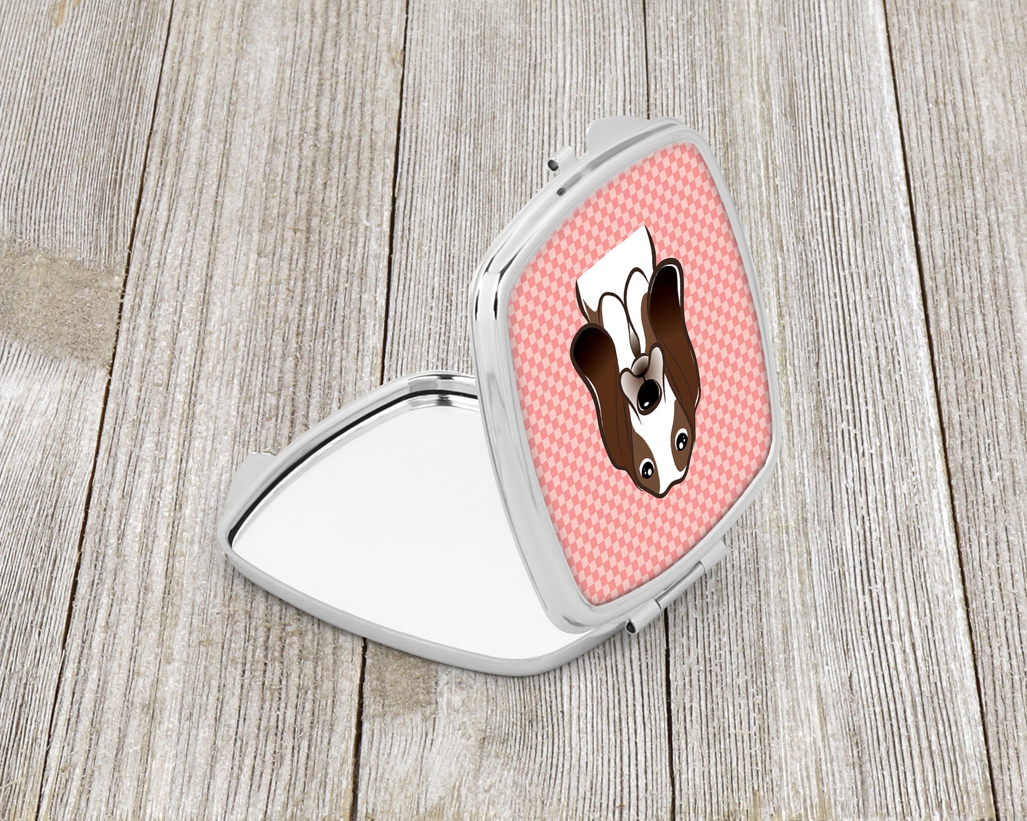 Checkerboard Pink Basset Hound Compact Mirror BB1243SCM  the-store.com.
