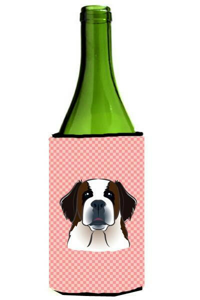 Checkerboard Pink Saint Bernard Wine Bottle Beverage Insulator Hugger BB1246LITERK by Caroline&#39;s Treasures