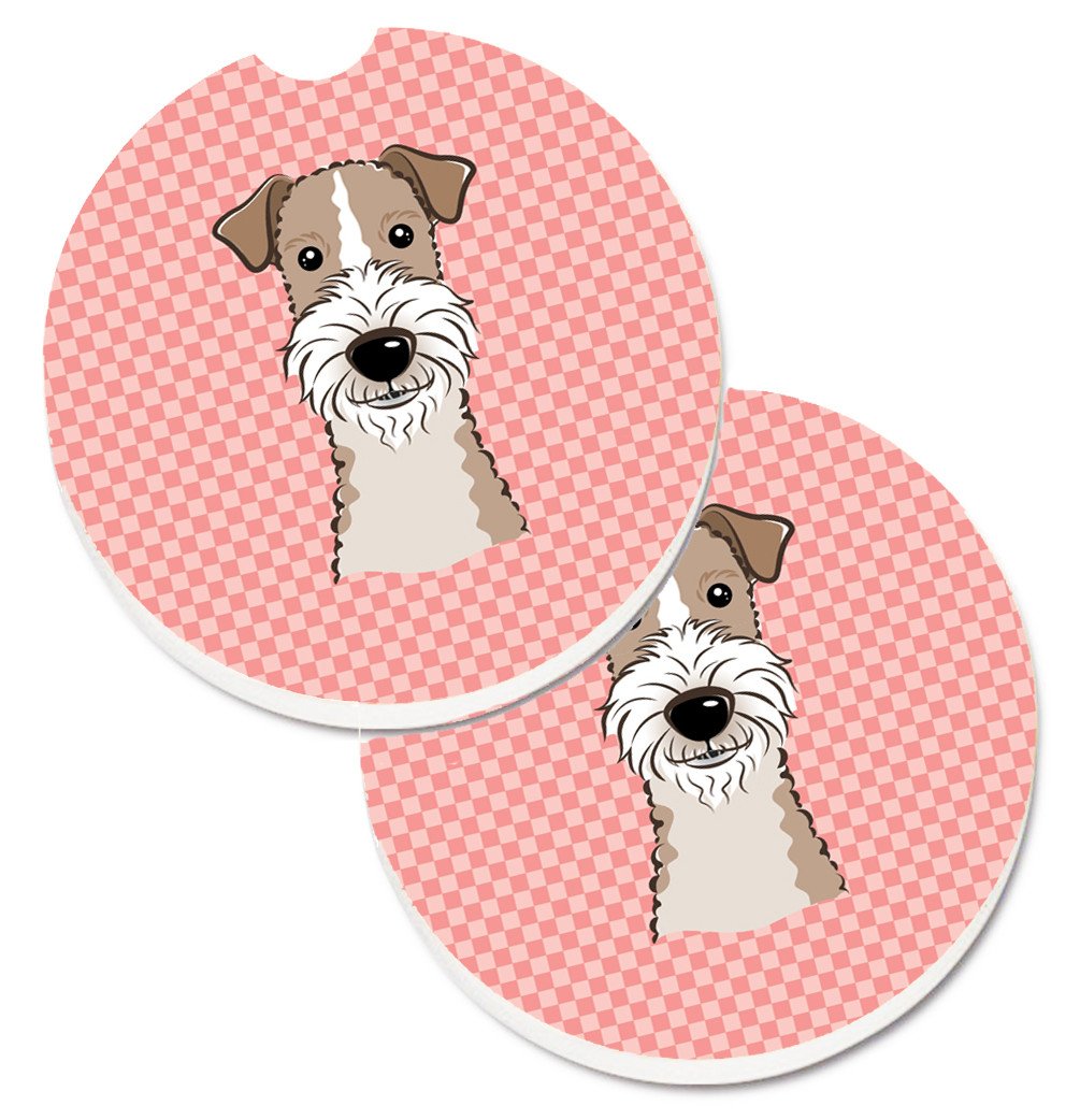Checkerboard Pink Wire Haired Fox Terrier Set of 2 Cup Holder Car Coasters BB1247CARC by Caroline&#39;s Treasures