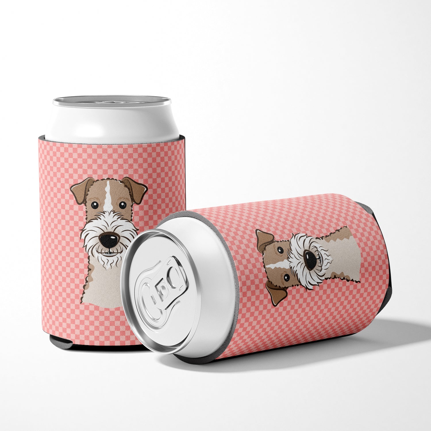 Checkerboard Pink Wire Haired Fox Terrier Can or Bottle Hugger BB1247CC