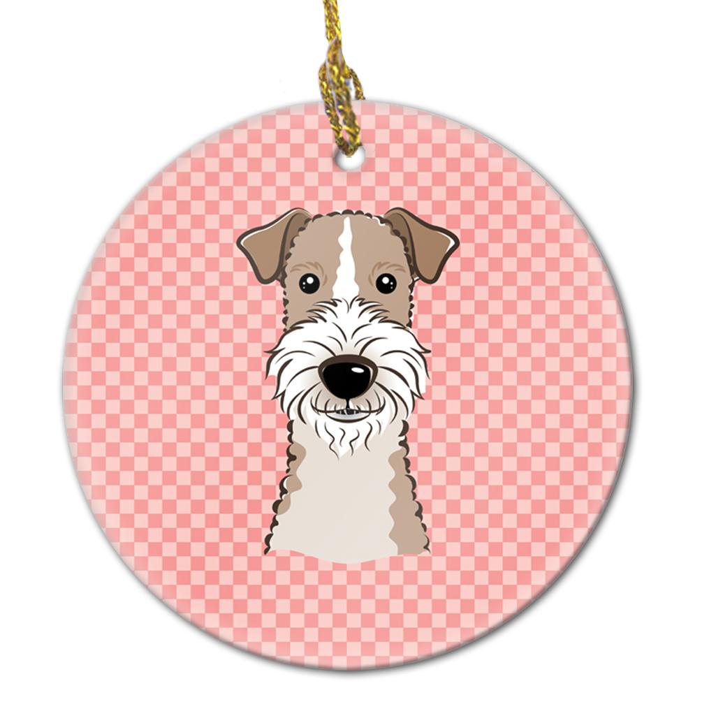 Checkerboard Pink Wire Haired Fox Terrier Ceramic Ornament BB1247CO1 by Caroline&#39;s Treasures