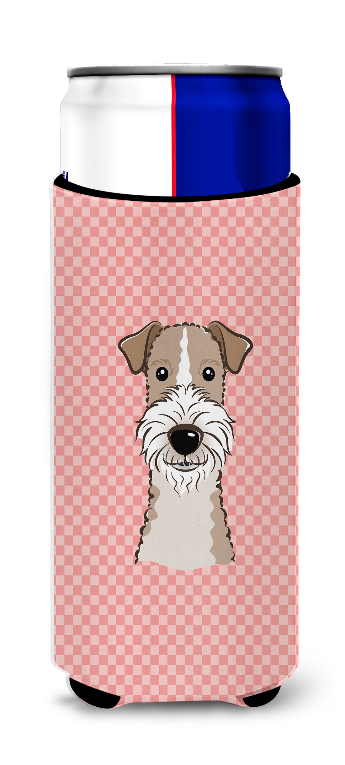 Checkerboard Pink Wire Haired Fox Terrier Ultra Beverage Insulators for slim cans.