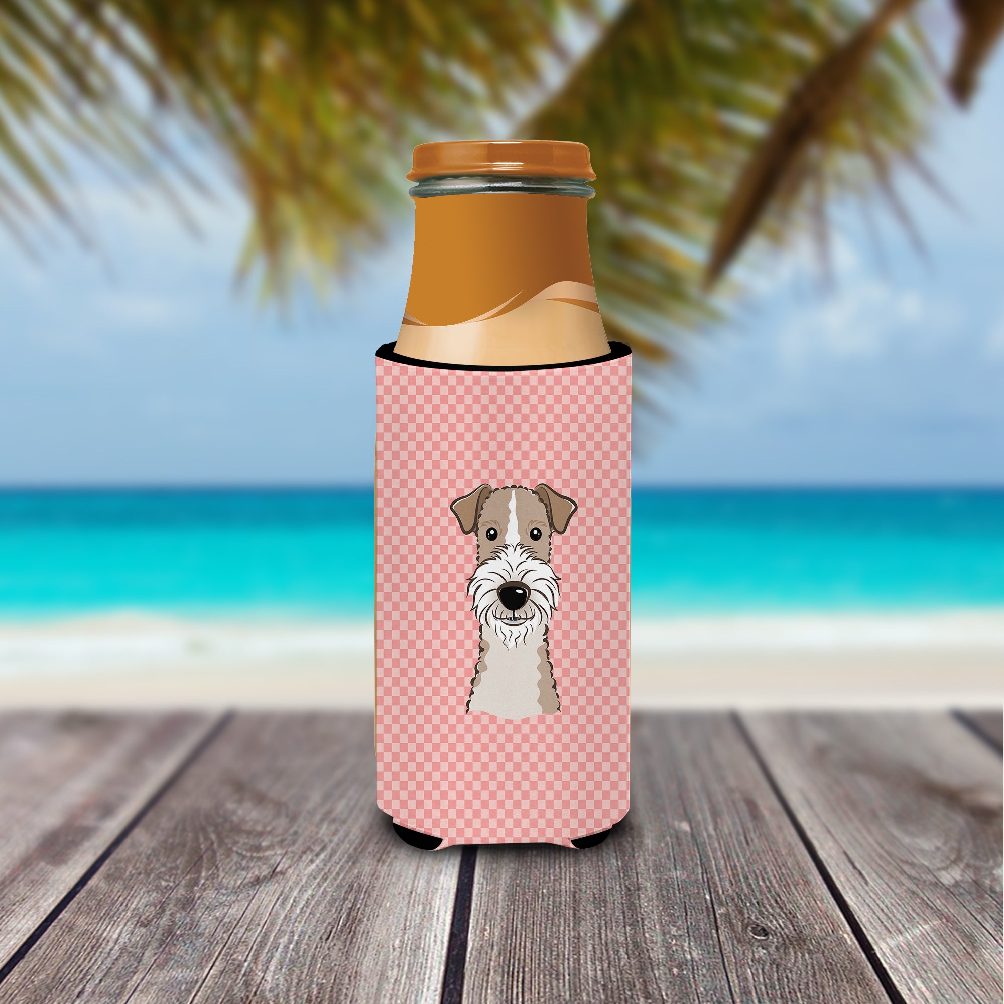 Checkerboard Pink Wire Haired Fox Terrier Ultra Beverage Insulators for slim cans