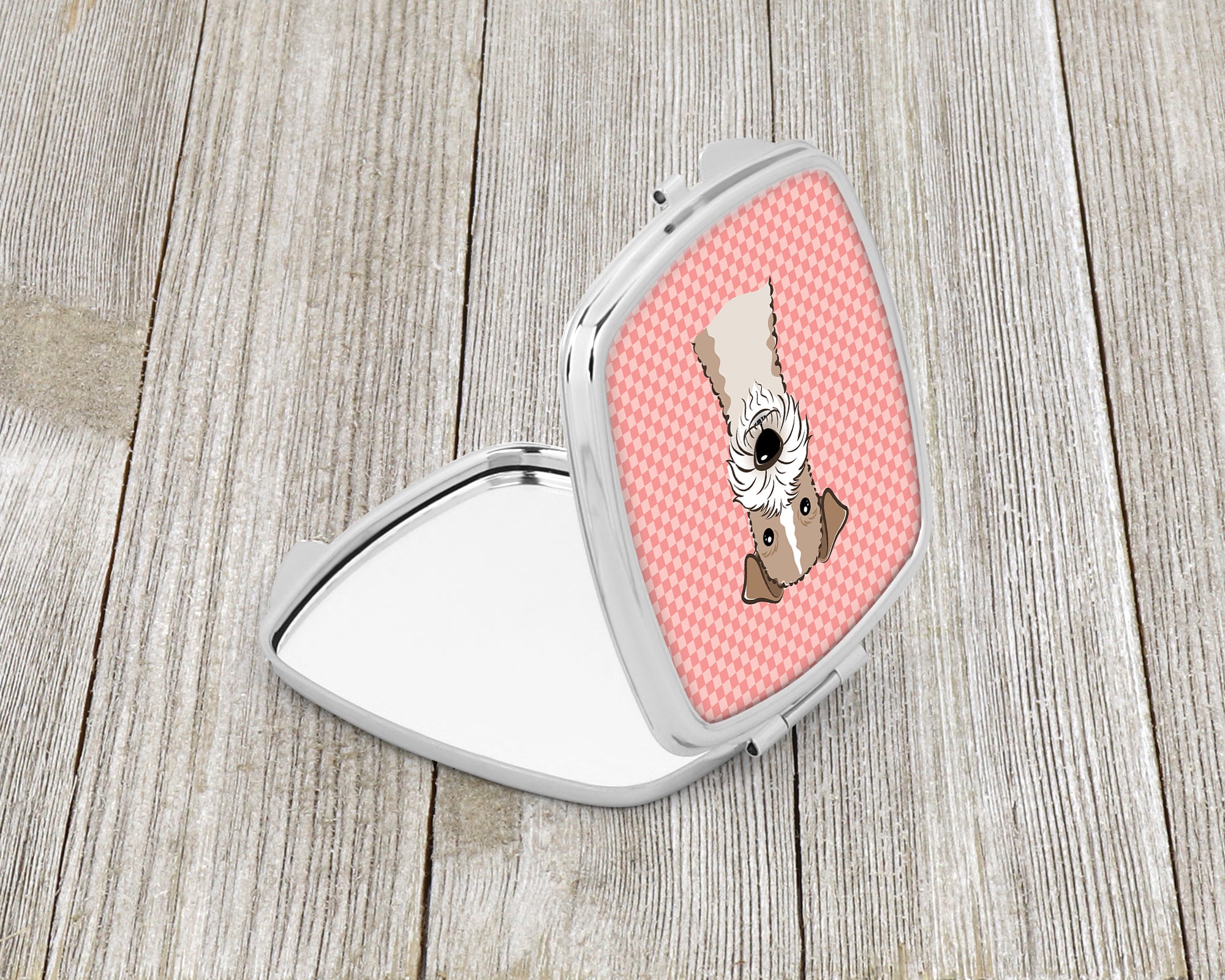 Checkerboard Pink Wire Haired Fox Terrier Compact Mirror BB1247SCM  the-store.com.