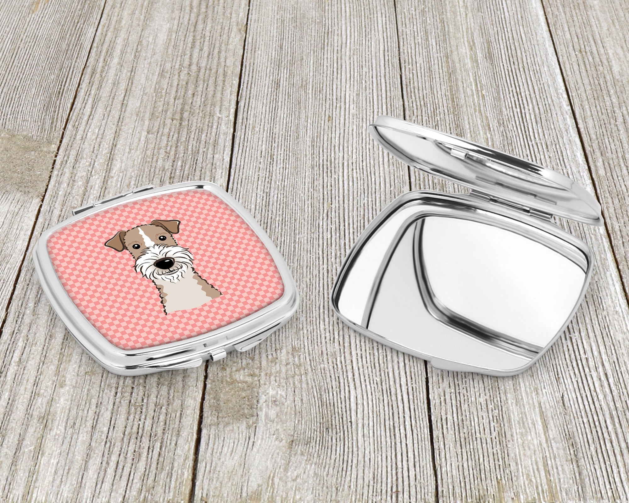 Checkerboard Pink Wire Haired Fox Terrier Compact Mirror BB1247SCM