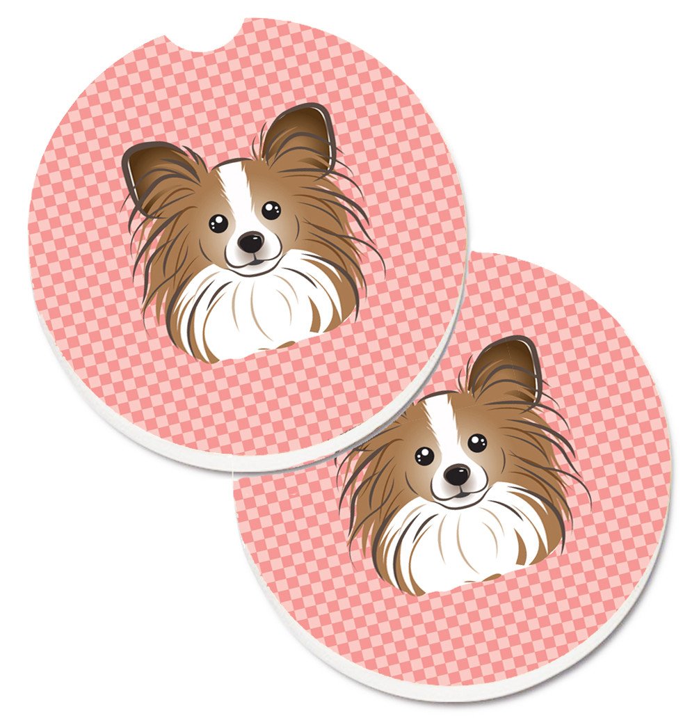 Checkerboard Pink Papillon Set of 2 Cup Holder Car Coasters BB1248CARC by Caroline&#39;s Treasures