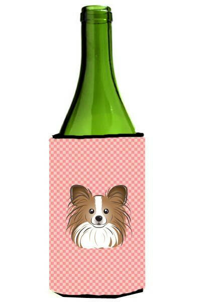 Checkerboard Pink Papillon Wine Bottle Beverage Insulator Hugger BB1248LITERK by Caroline&#39;s Treasures