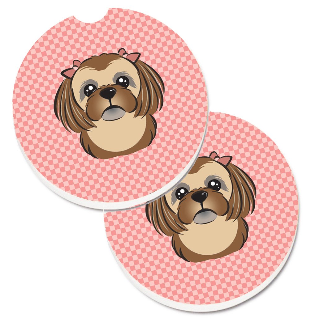 Checkerboard Pink Chocolate Brown Shih Tzu Set of 2 Cup Holder Car Coasters BB1249CARC by Caroline&#39;s Treasures