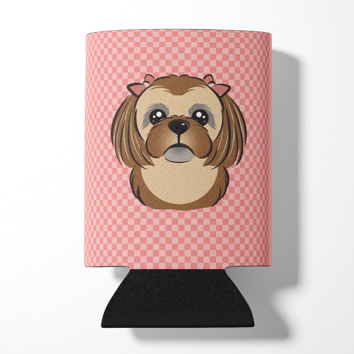 Checkerboard Pink Chocolate Brown Shih Tzu Can or Bottle Hugger BB1249CC.
