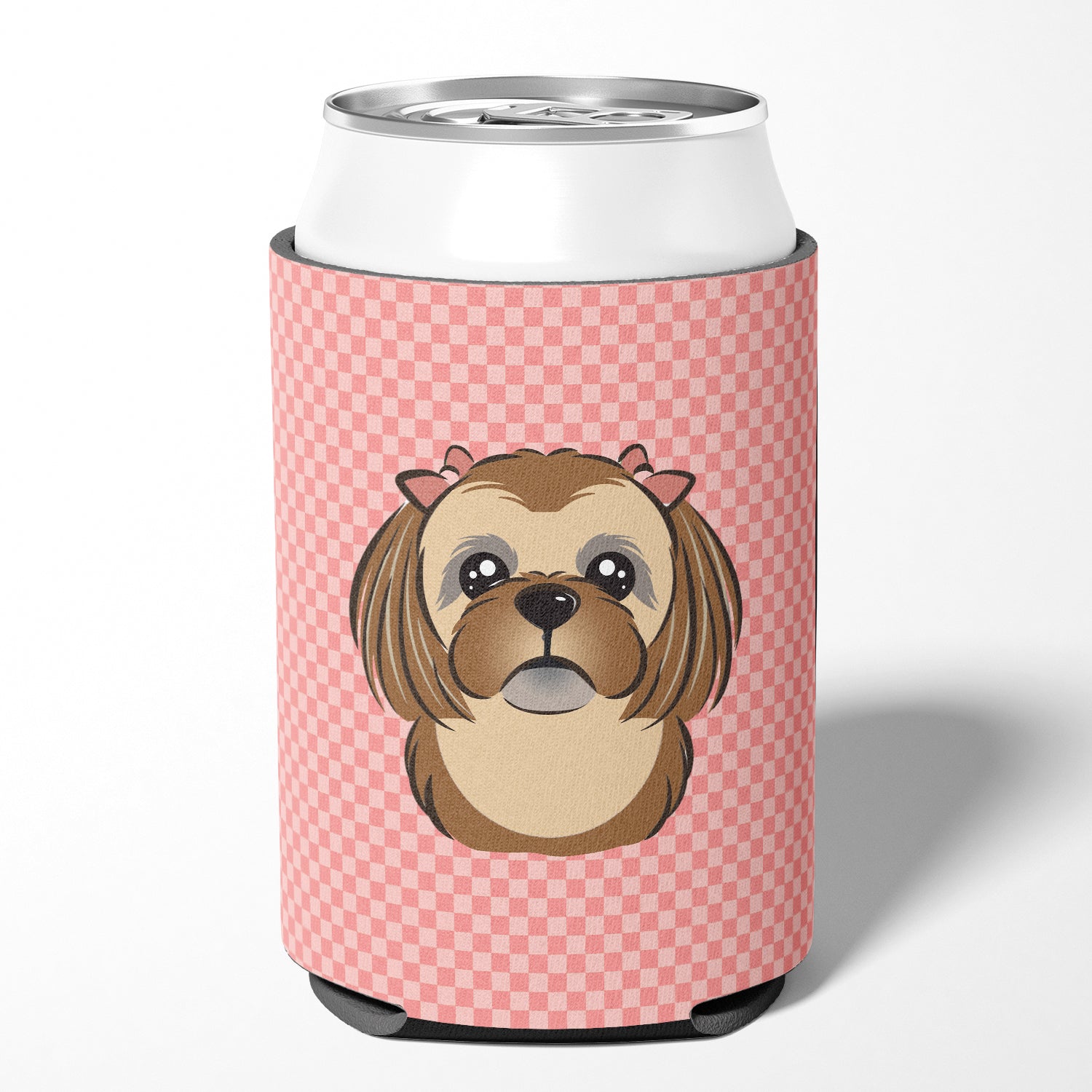 Checkerboard Pink Chocolate Brown Shih Tzu Can or Bottle Hugger BB1249CC