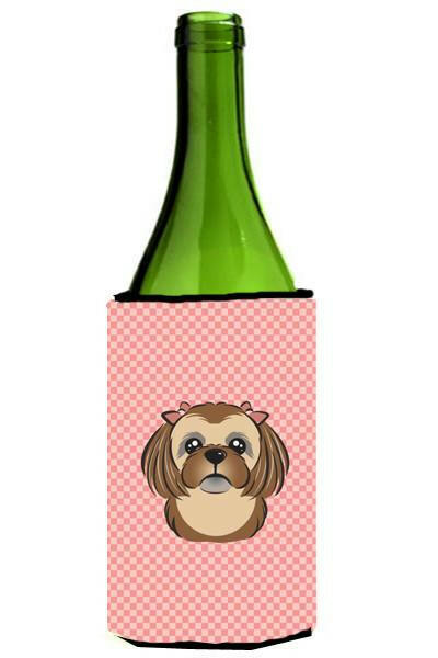 Checkerboard Pink Chocolate Brown Shih Tzu Wine Bottle Beverage Insulator Hugger by Caroline&#39;s Treasures