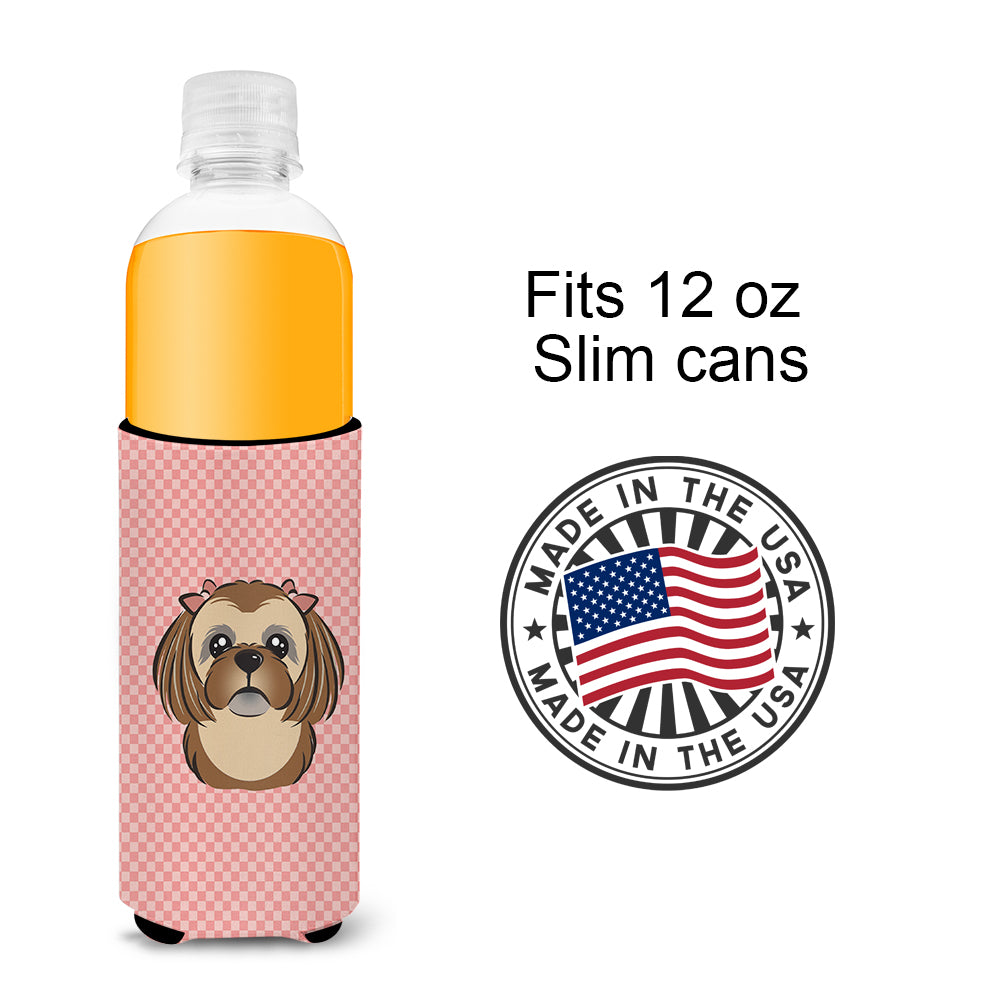 Checkerboard Pink Chocolate Brown Shih Tzu Ultra Beverage Insulators for slim cans.
