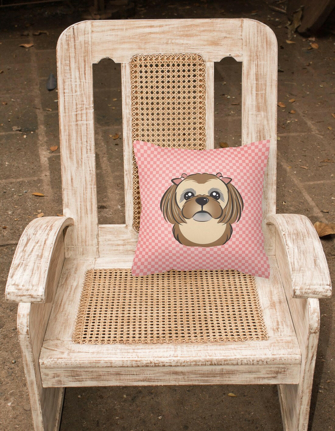 Checkerboard Pink Chocolate Brown Shih Tzu Canvas Fabric Decorative Pillow BB1249PW1414 - the-store.com