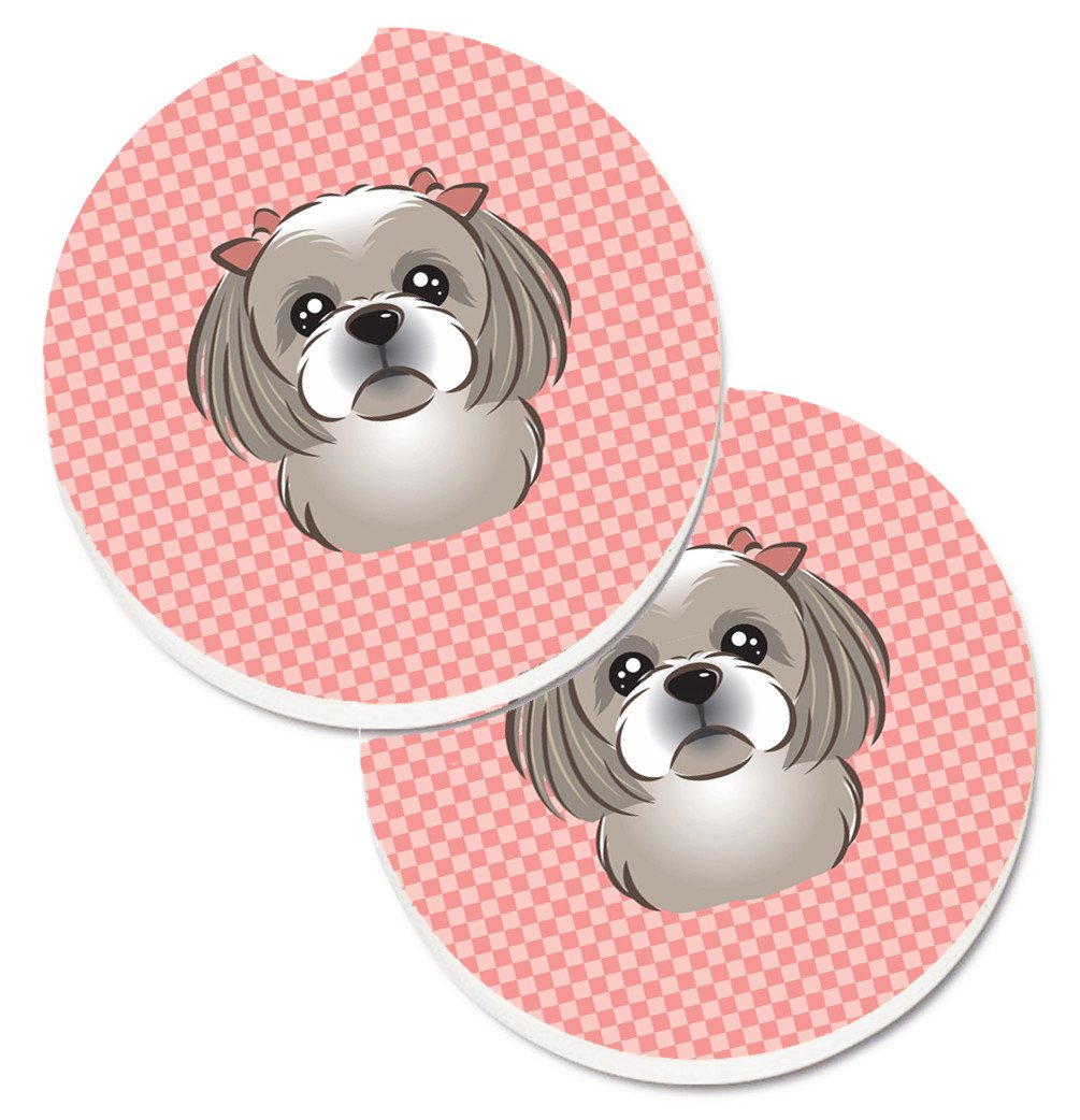 Checkerboard Pink Gray Silver Shih Tzu Set of 2 Cup Holder Car Coasters BB1250CARC by Caroline&#39;s Treasures