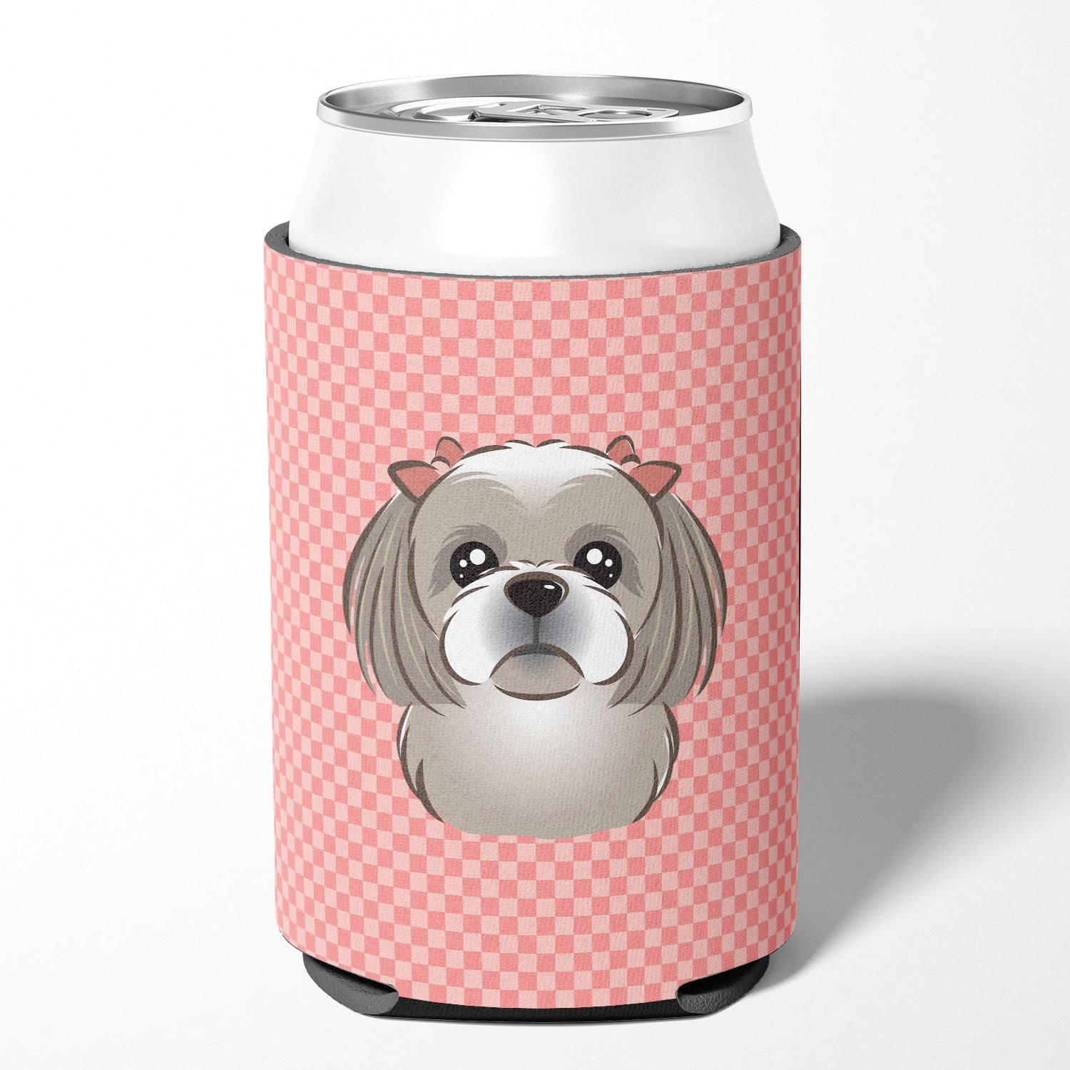 Checkerboard Pink Gray Silver Shih Tzu Can or Bottle Hugger BB1250CC.