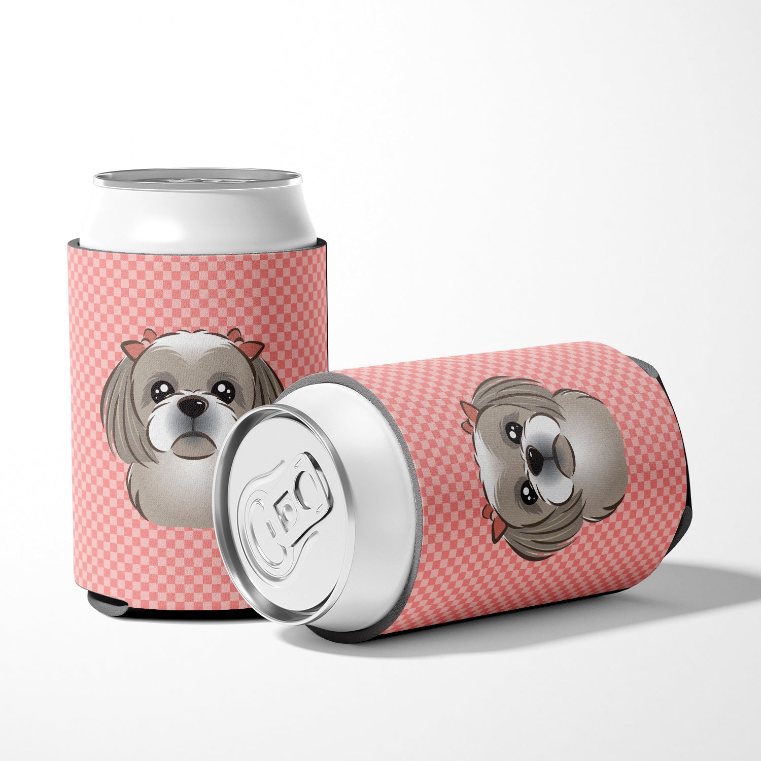 Checkerboard Pink Gray Silver Shih Tzu Can or Bottle Hugger BB1250CC.