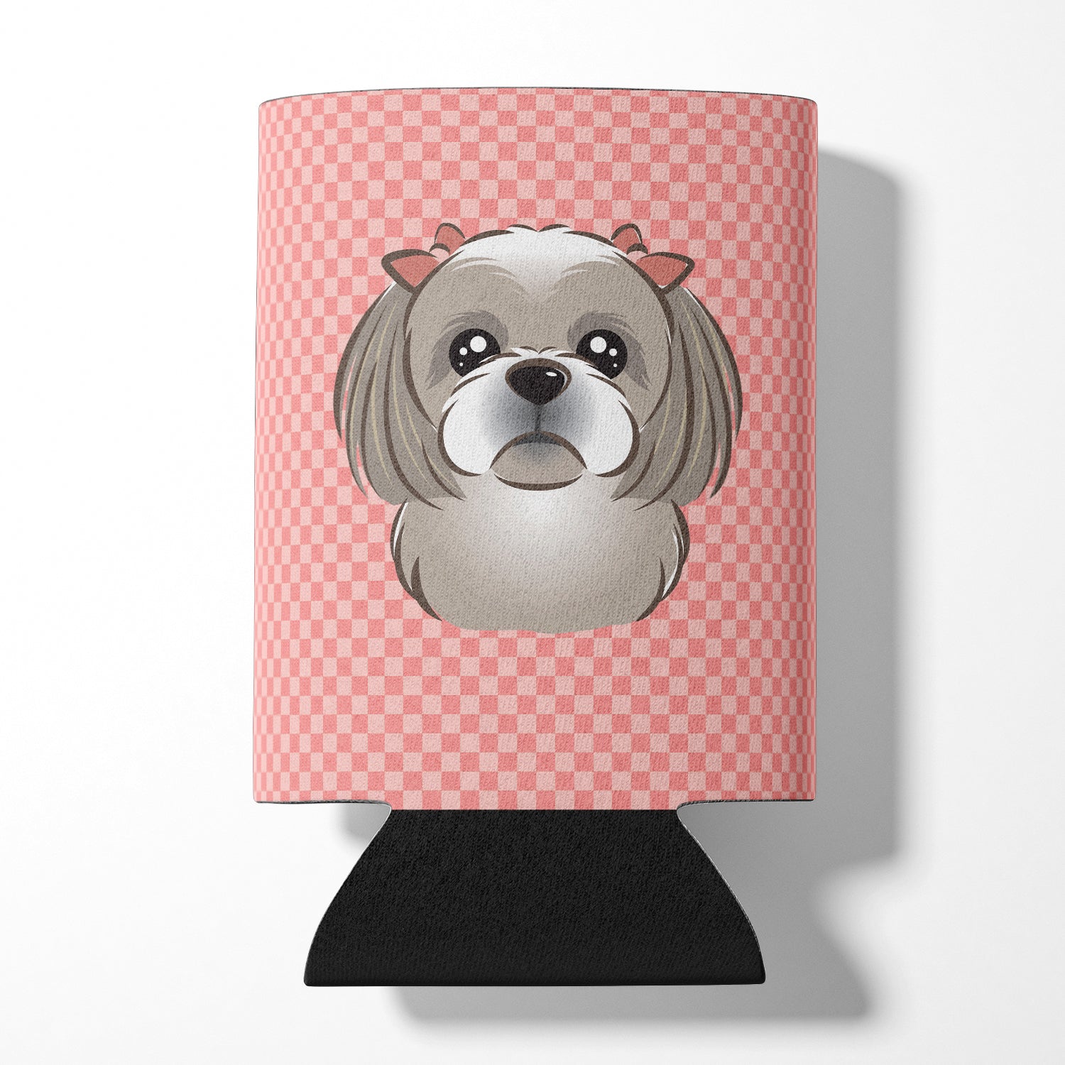 Checkerboard Pink Gray Silver Shih Tzu Can or Bottle Hugger BB1250CC