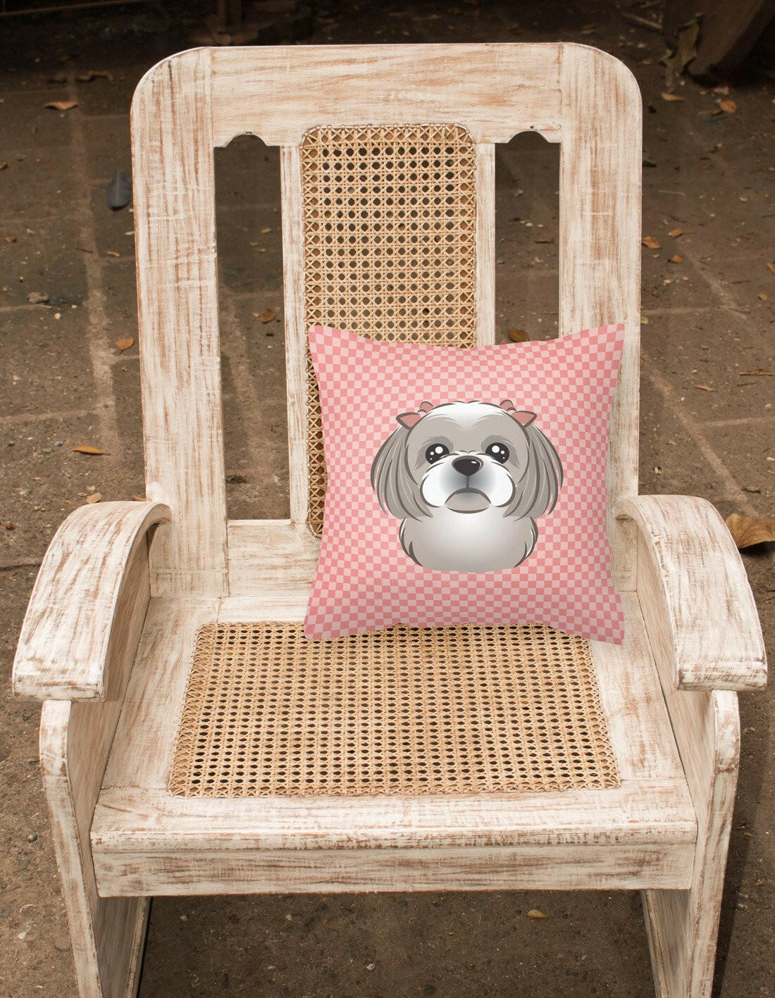 Checkerboard Pink Gray Silver Shih Tzu Canvas Fabric Decorative Pillow BB1250PW1414 - the-store.com