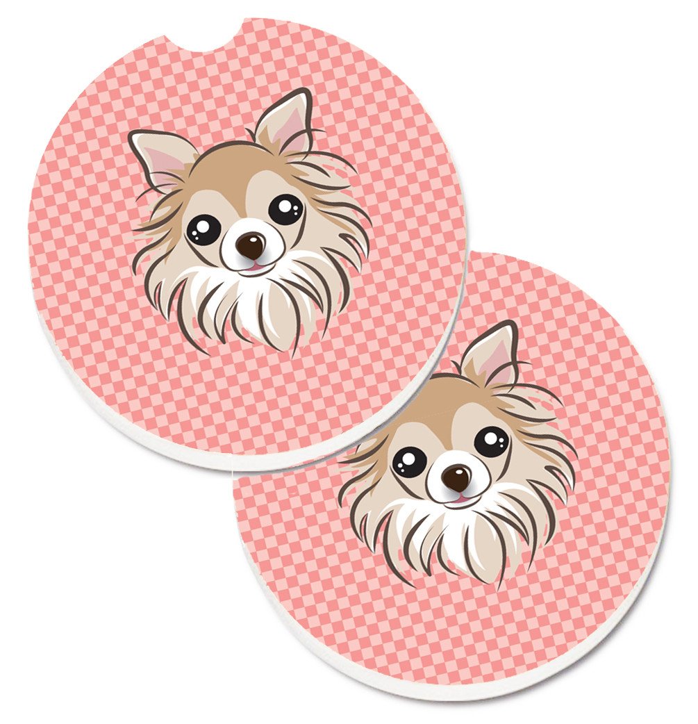 Checkerboard Pink Chihuahua Set of 2 Cup Holder Car Coasters BB1251CARC by Caroline&#39;s Treasures