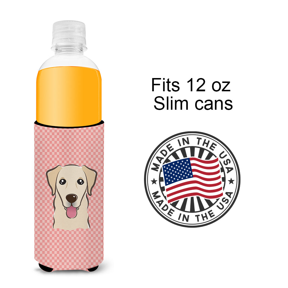 Checkerboard Pink Golden Retriever Ultra Beverage Insulators for slim cans.