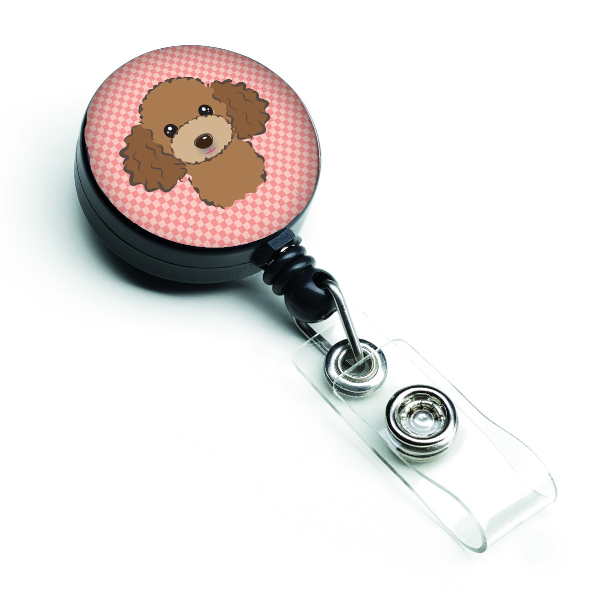 Checkerboard Pink Chocolate Brown Poodle Retractable Badge Reel BB1256BR