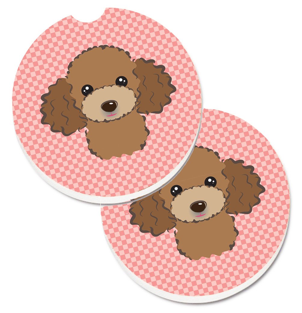 Checkerboard Pink Chocolate Brown Poodle Set of 2 Cup Holder Car Coasters BB1256CARC by Caroline&#39;s Treasures