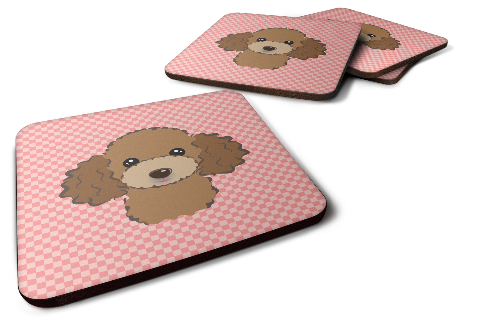 Set of 4 Checkerboard Pink Chocolate Brown Poodle Foam Coasters BB1256FC - the-store.com