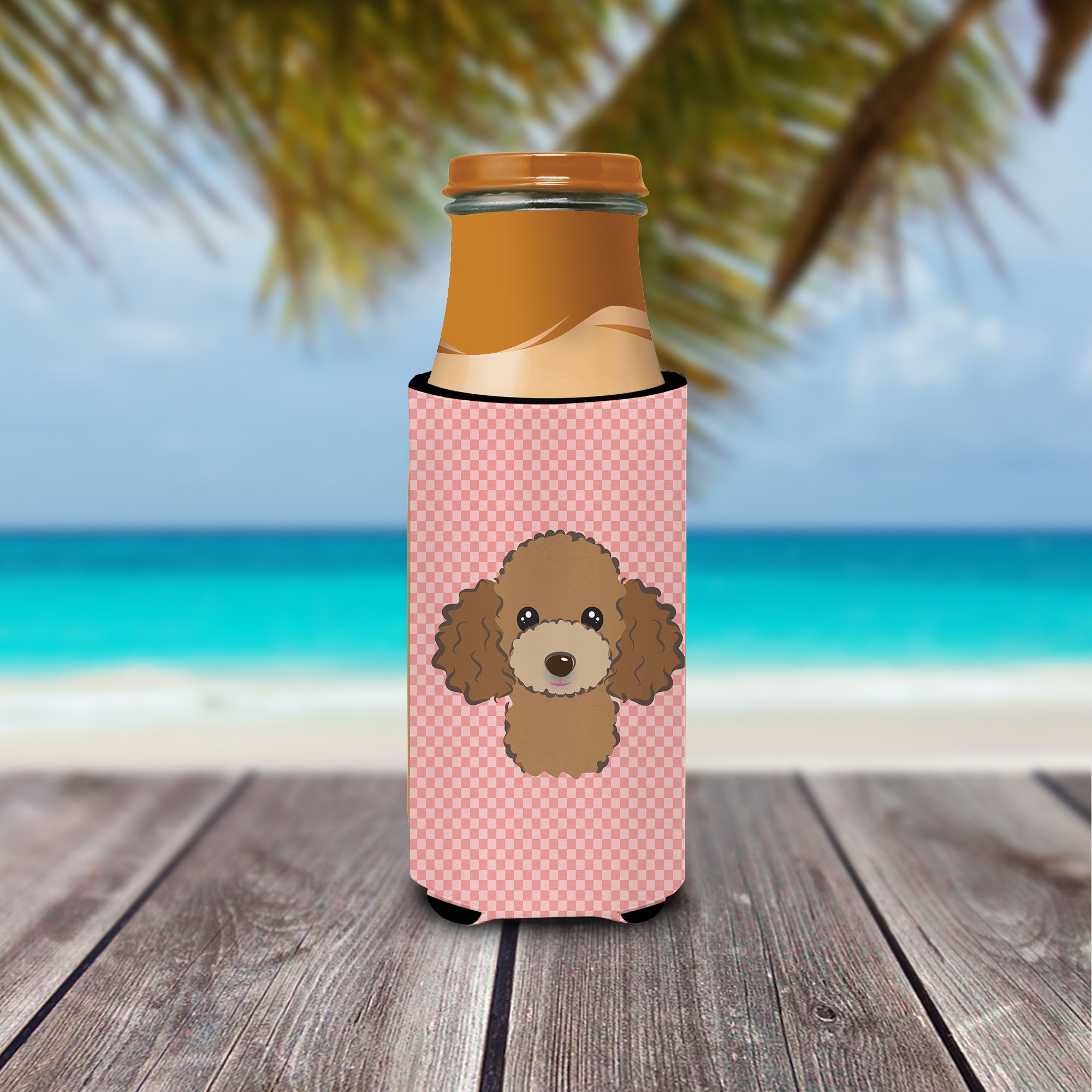Checkerboard Pink Chocolate Brown Poodle Ultra Beverage Insulators for slim cans.