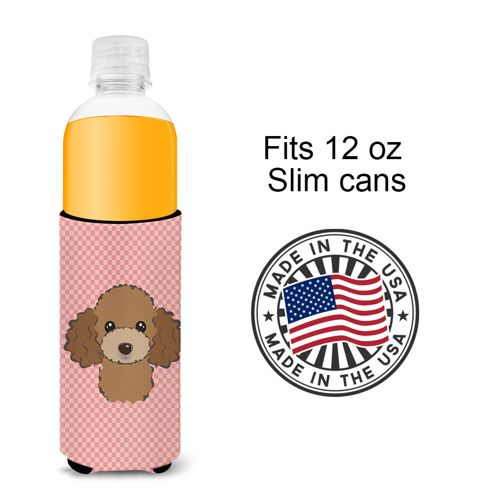 Checkerboard Pink Chocolate Brown Poodle Ultra Beverage Insulators for slim cans.