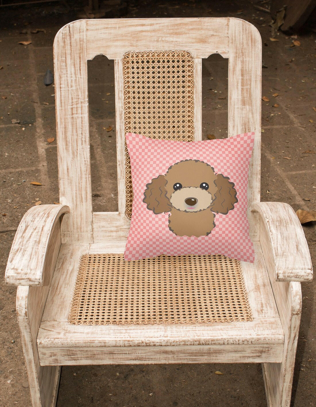 Checkerboard Pink Chocolate Brown Poodle Canvas Fabric Decorative Pillow BB1256PW1414 - the-store.com