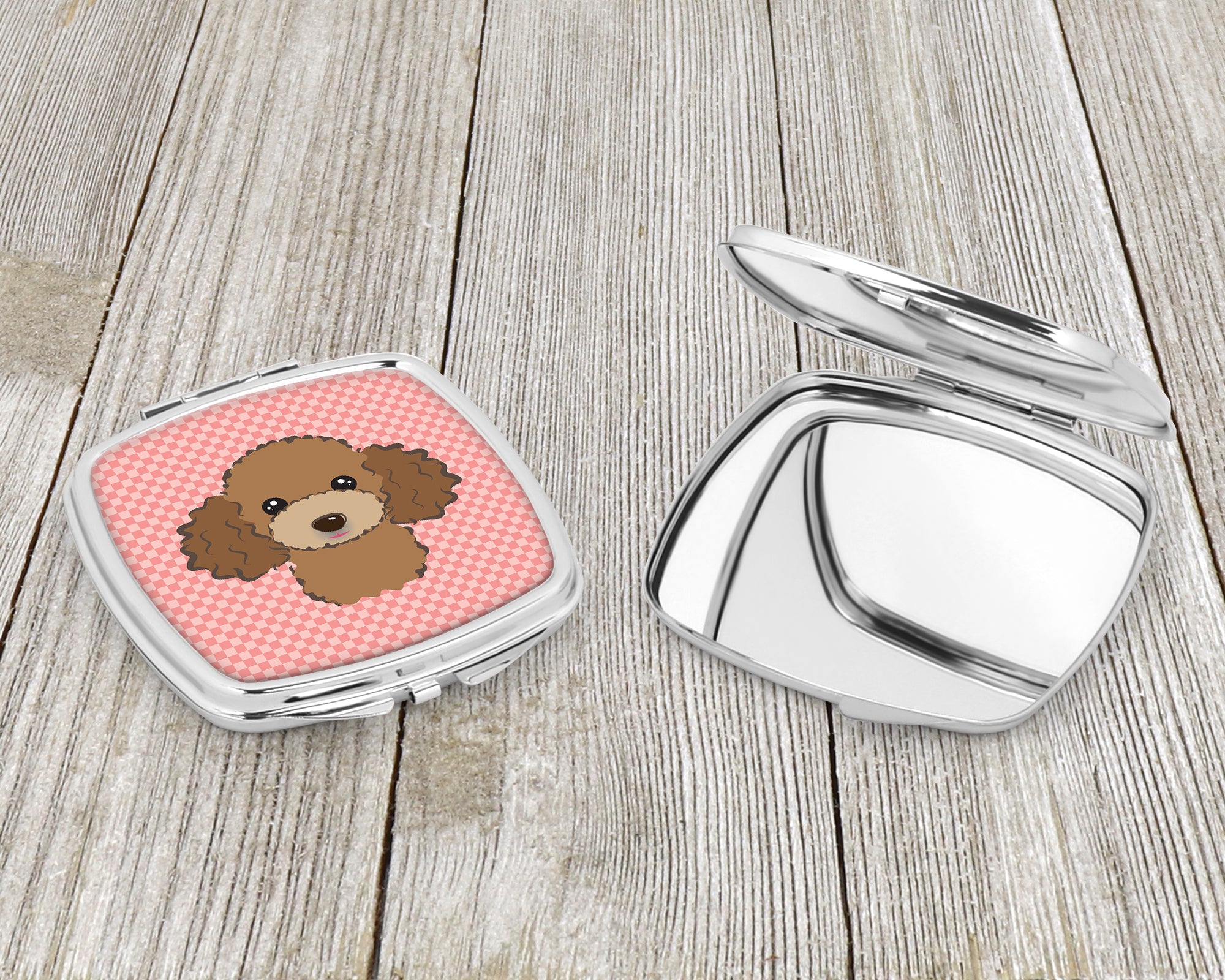 Checkerboard Pink Chocolate Brown Poodle Compact Mirror BB1256SCM  the-store.com.