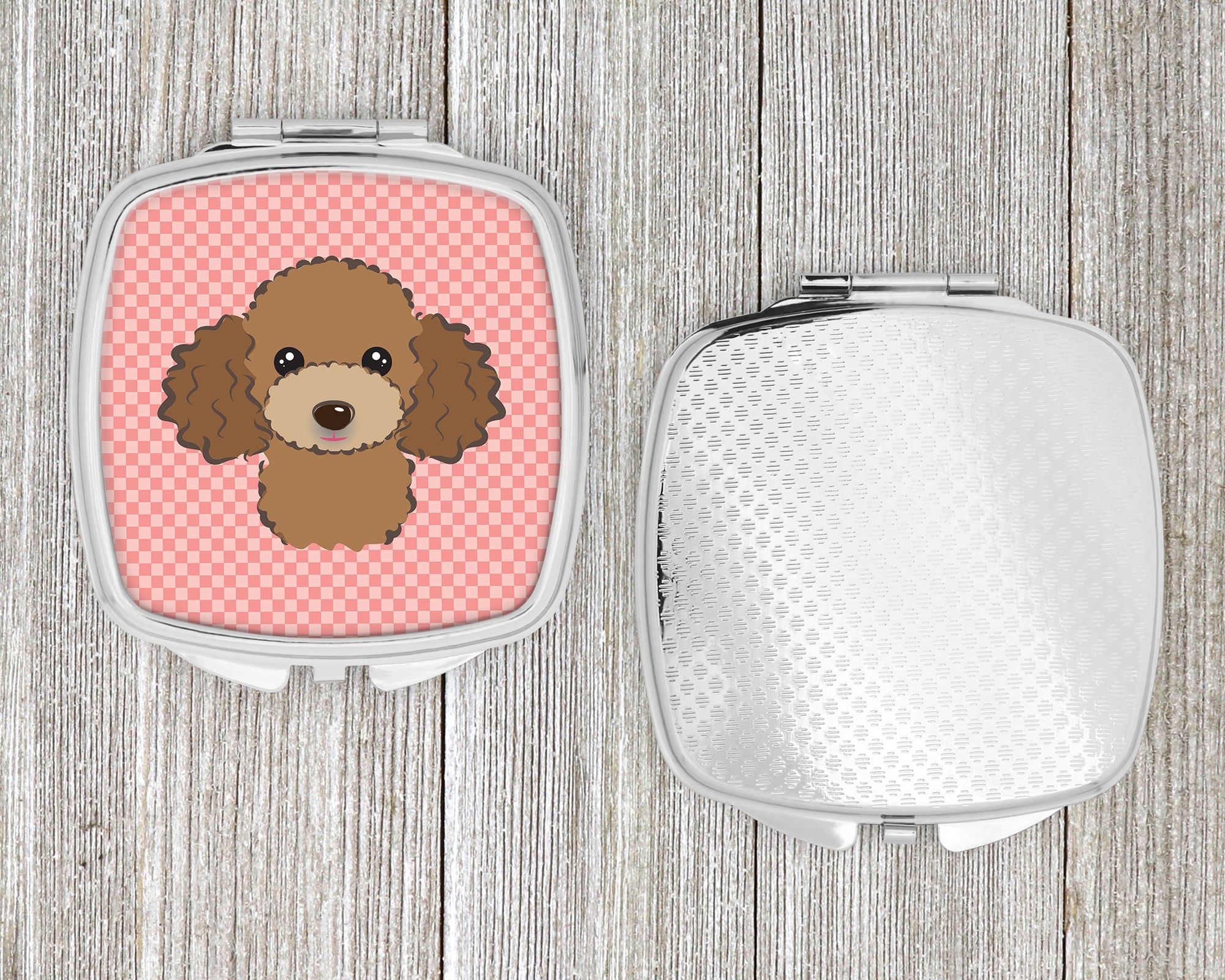 Checkerboard Pink Chocolate Brown Poodle Compact Mirror BB1256SCM