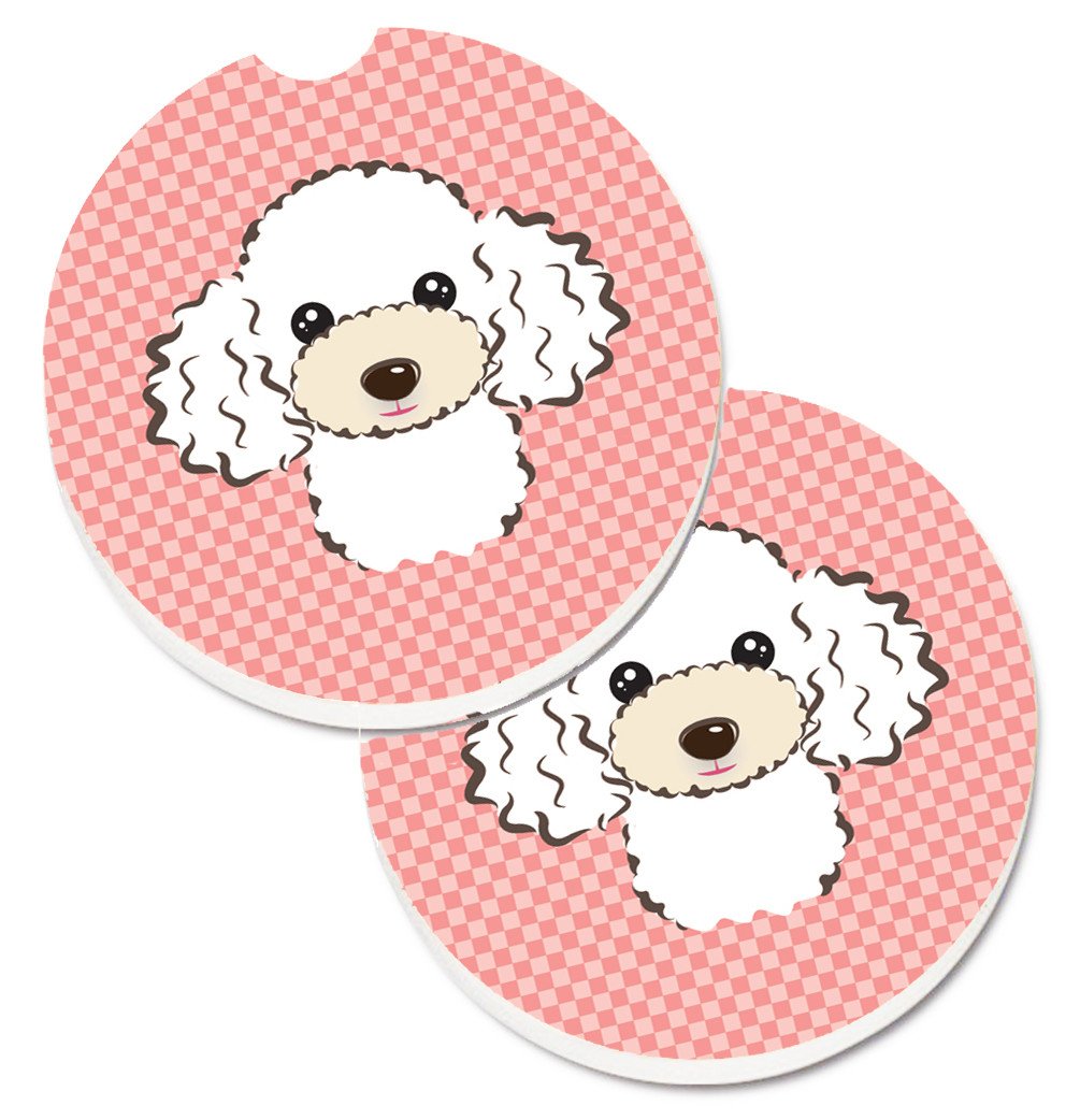 Checkerboard Pink White Poodle Set of 2 Cup Holder Car Coasters BB1257CARC by Caroline&#39;s Treasures